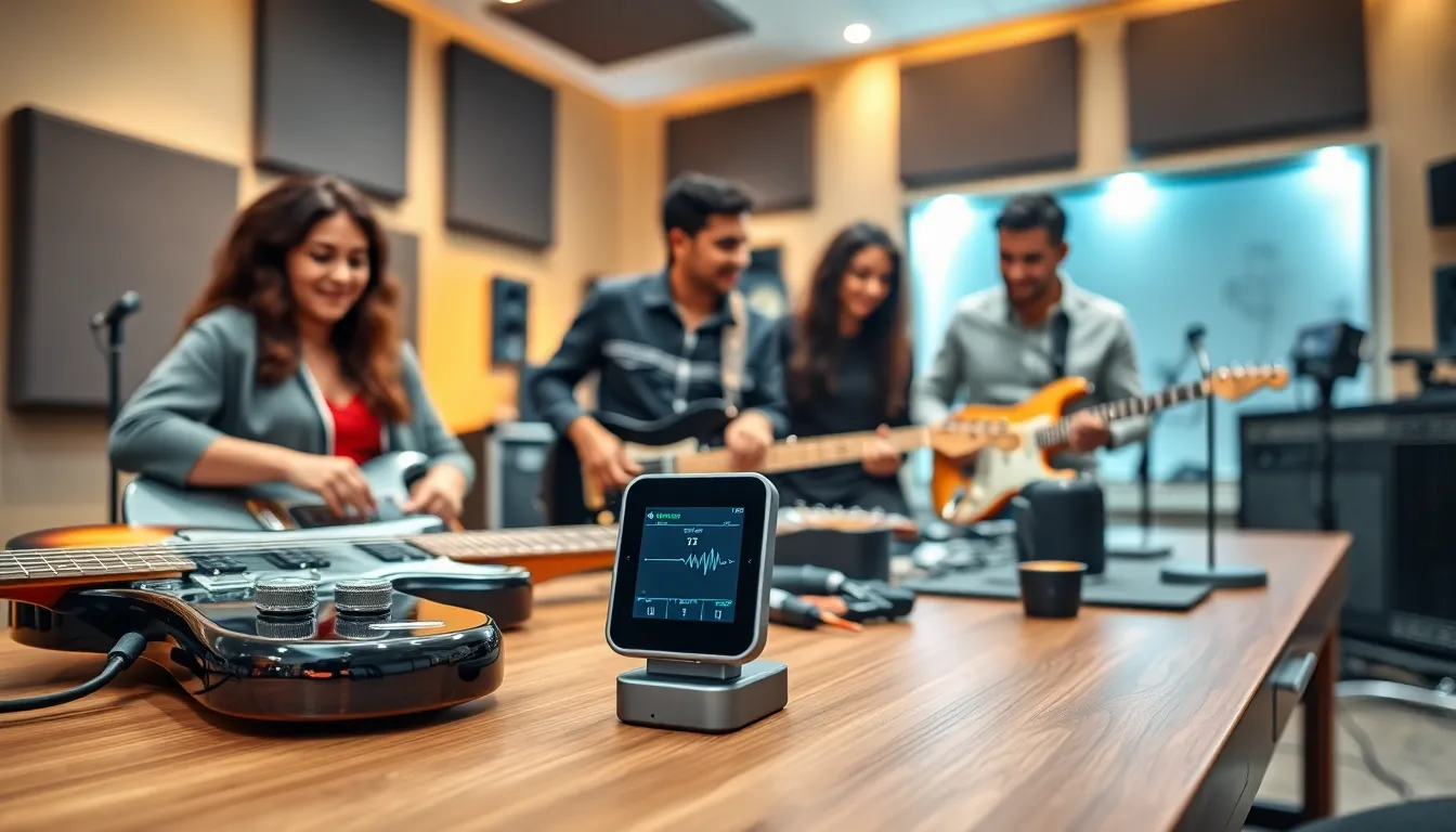musicians discussing guitar gadgets in a modern workspace.