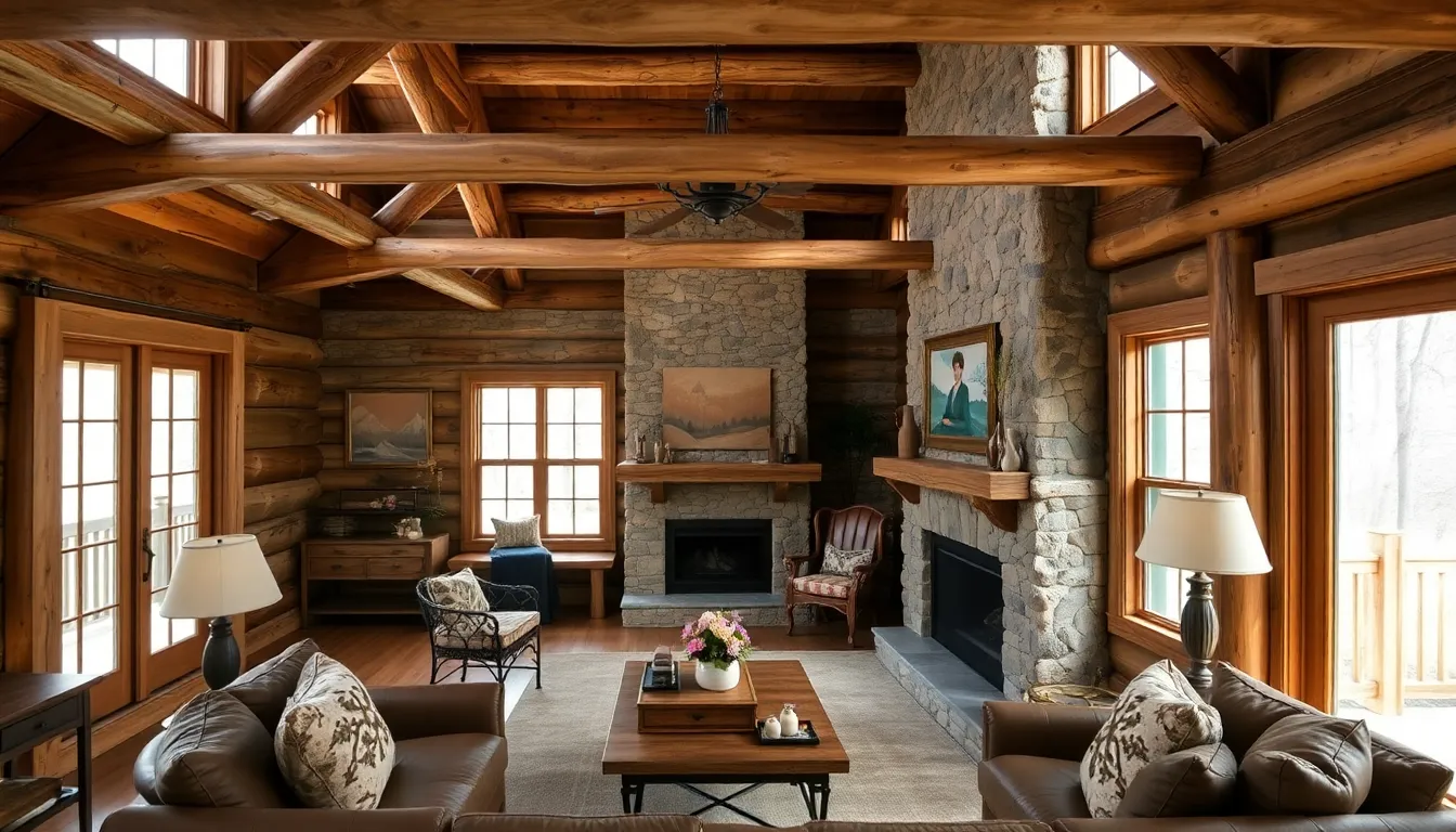 rustic cabin interior with wooden beams and earthy color palette.