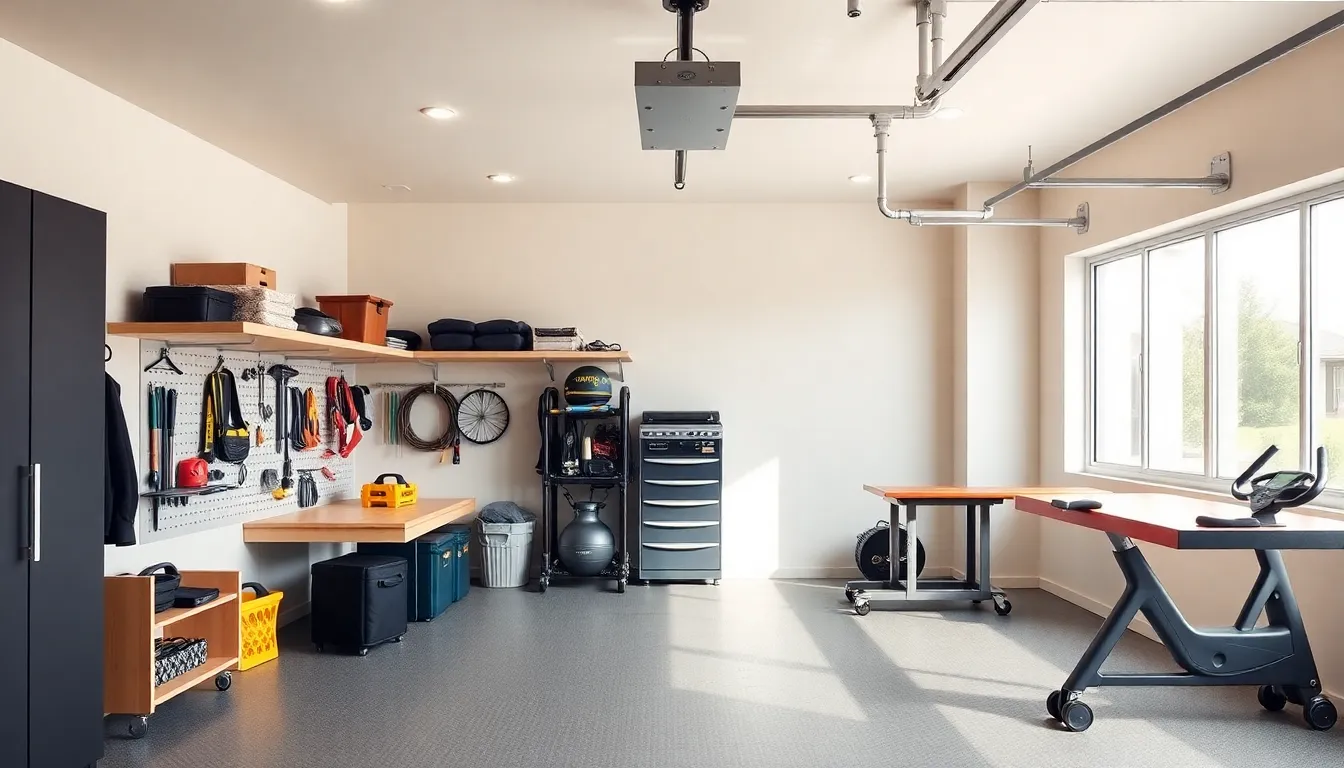 modern garage interior with workspace, storage, and fitness area.