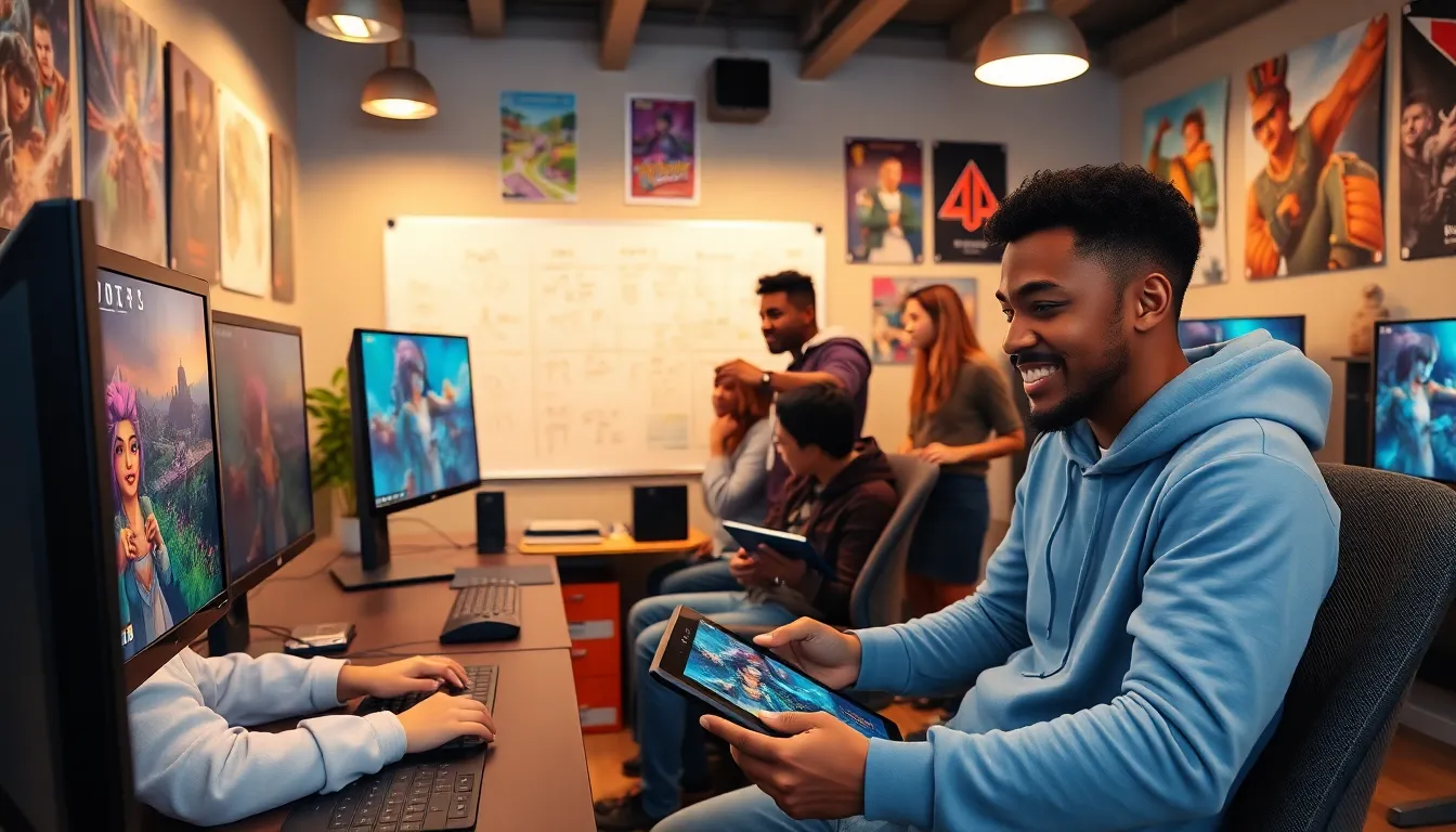 a diverse team of game developers collaborating in a vibrant studio.