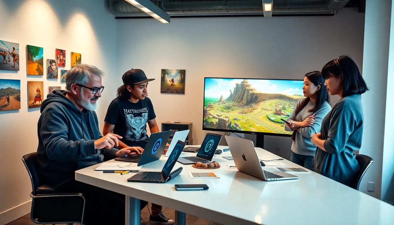 game developers collaborating in a creative office setting.