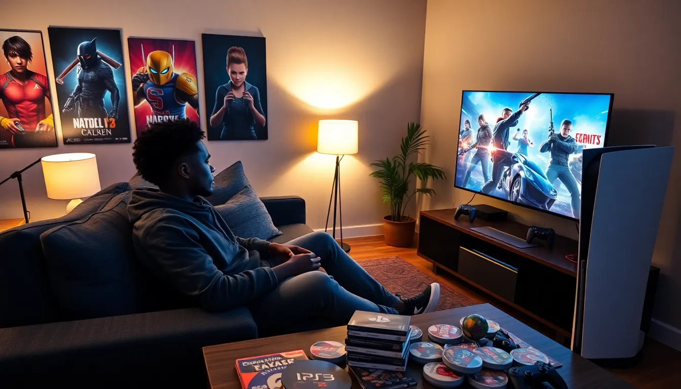 A young man gaming on a PlayStation 5 in a cozy living room.