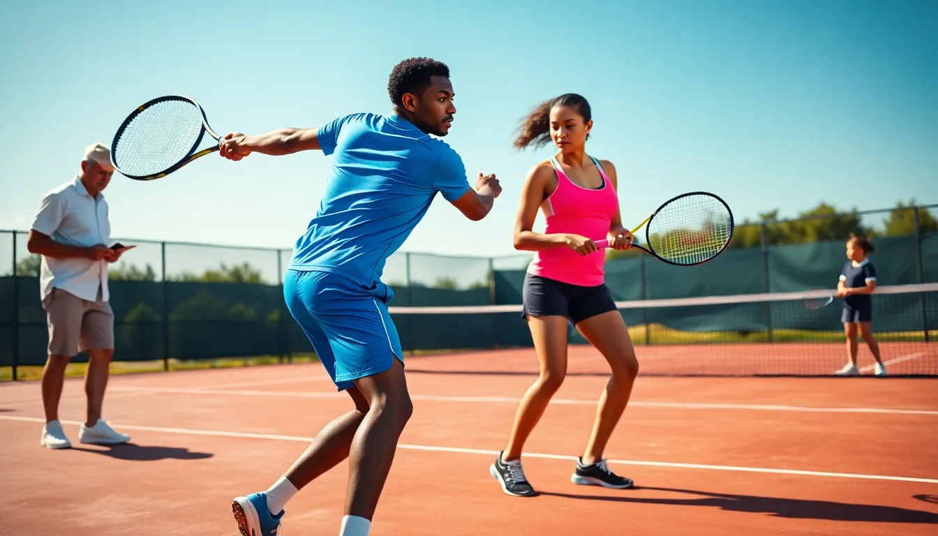 a diverse group of tennis players practicing on a sunny court.