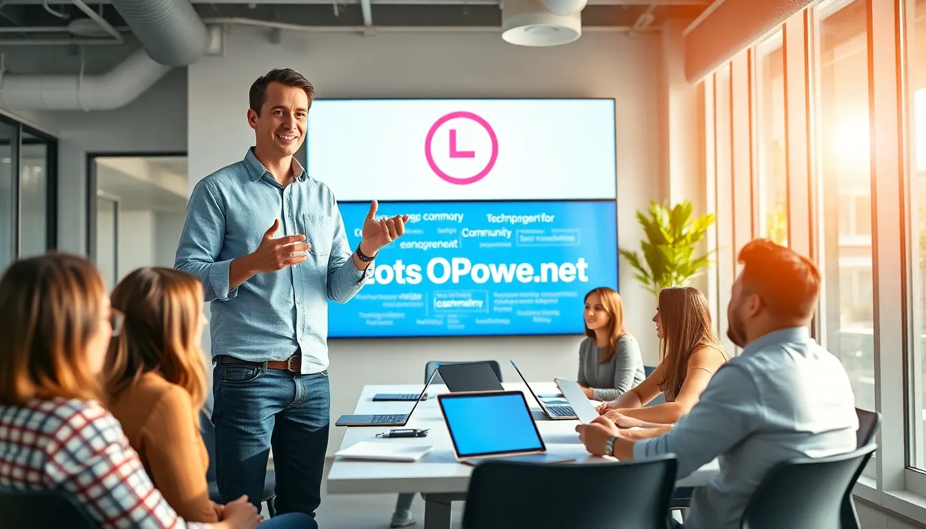 A man presenting in a tech co-working space for LotsOfPower.net.