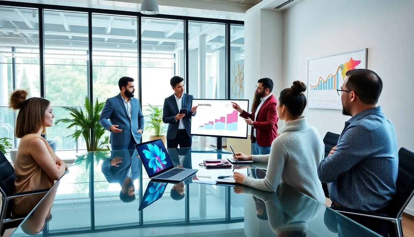 diverse team brainstorming digital marketing strategies in a modern office.