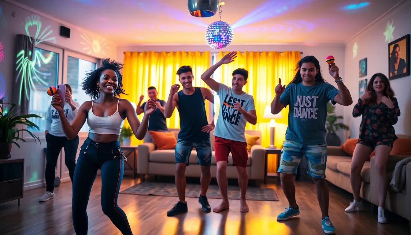 friends joyfully dancing in a bright living room to Just Dance 2022.