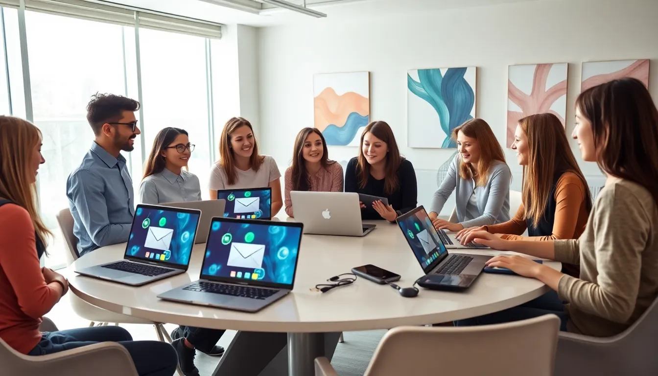 diverse team discussing email strategies in a modern office.