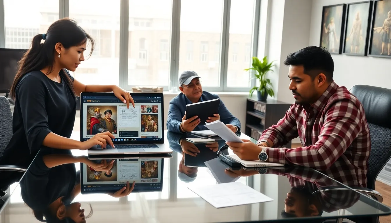 diverse group of gamers collaborating on character design at a modern table.