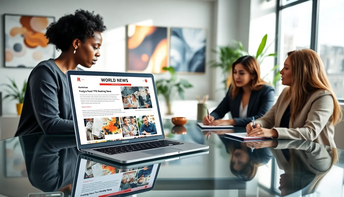 professionals discussing articles from World News Redwebzine in a modern office.