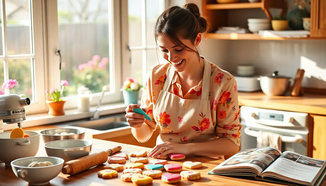 A woman baking cookies in a cozy kitchen, surrounded by colorful cookie decorations.