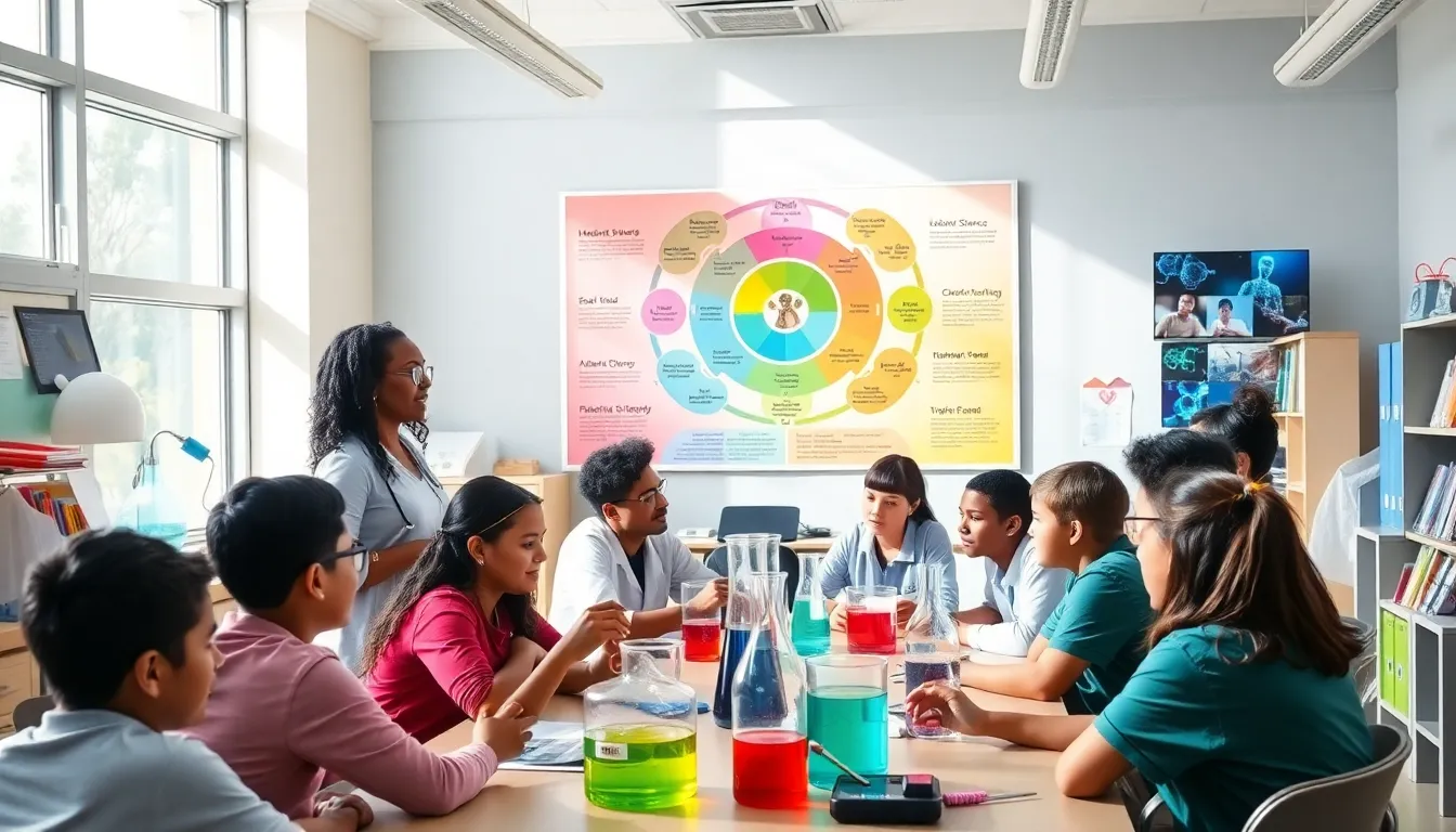 Students engaging in integrated science education in a modern classroom.