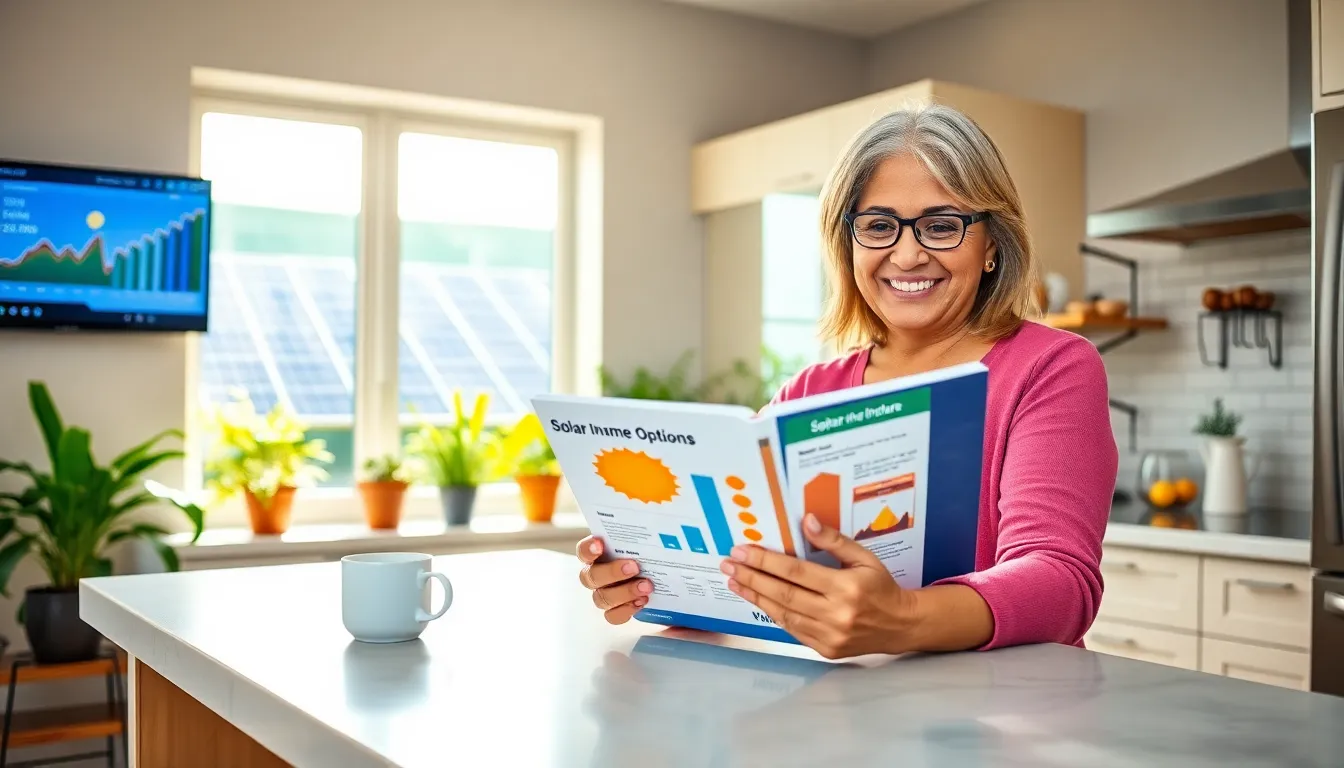 A woman reviewing a solar finance eBook in her modern kitchen.