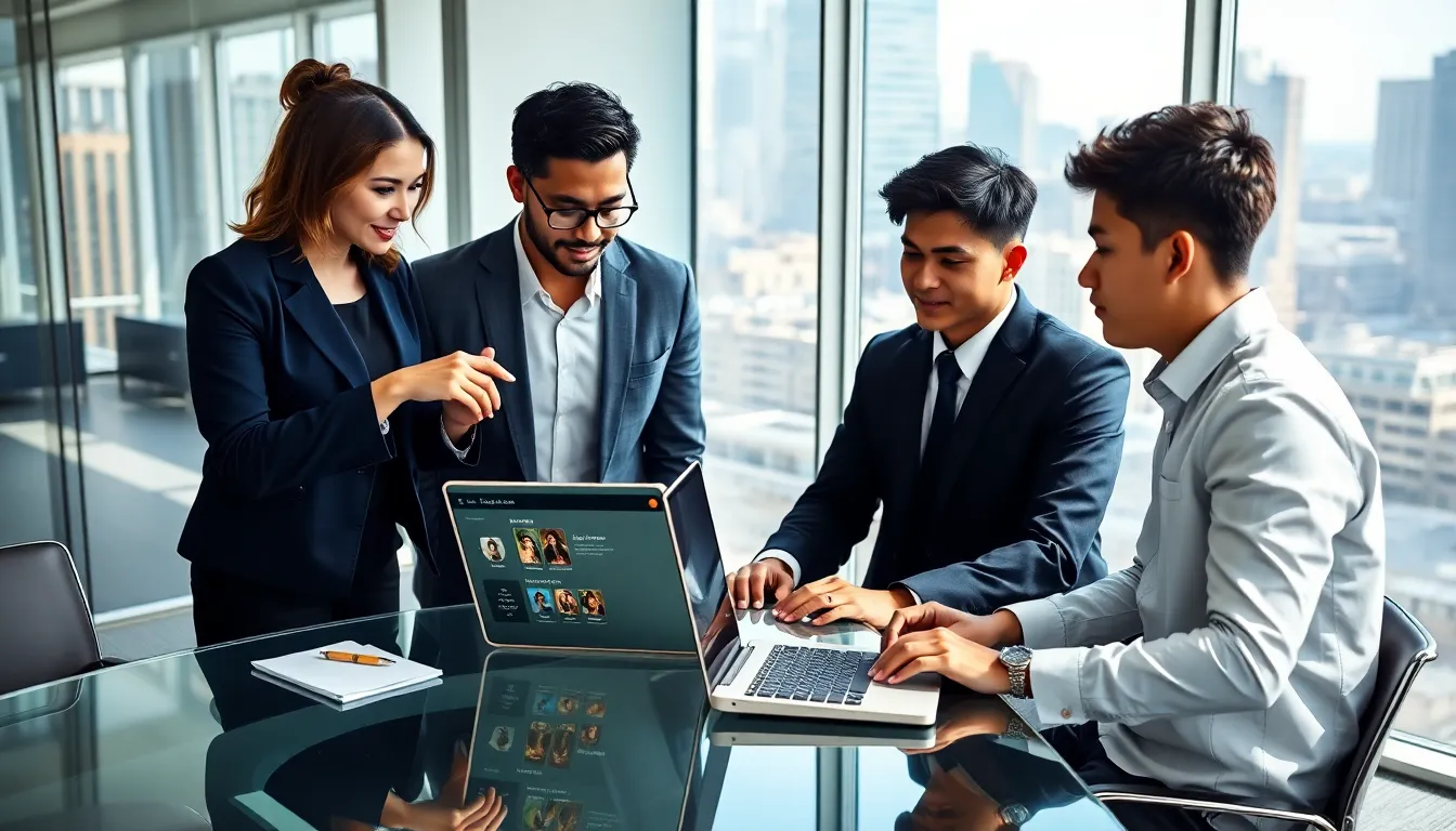 professionals collaborating over a laptop using CK2Generator in a modern office.