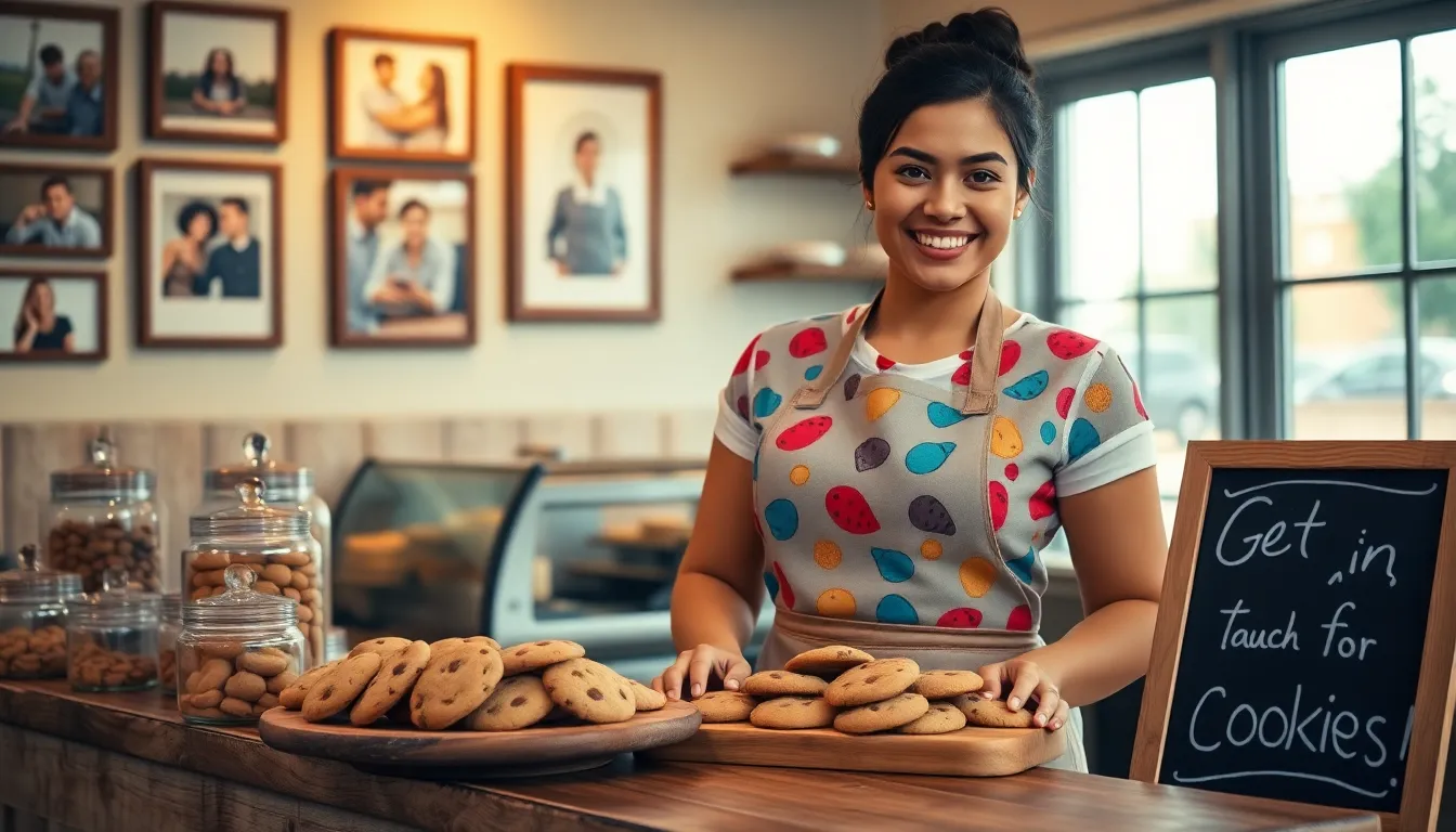 A baker smiling behind a counter of freshly baked cookies.